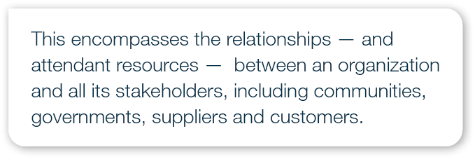 This encompasses the relationships — and attendant resources — between an organization and all its stakeholders, incl...